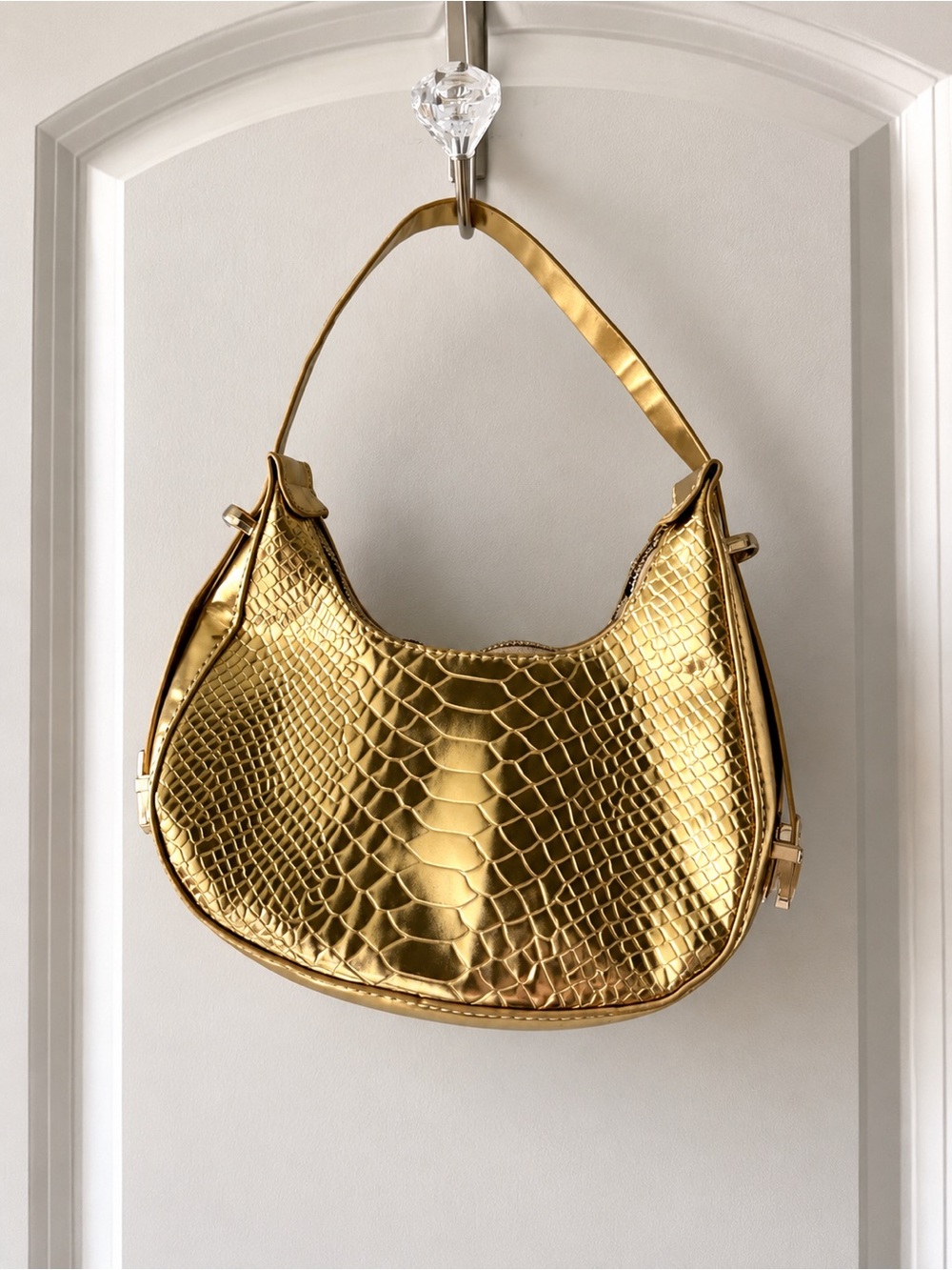 Gold Croc-Embossed Shoulder Bag
